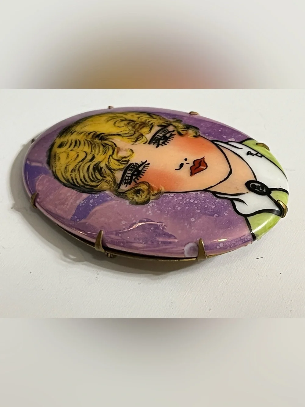 Antique 1920s Flapper Art Deco Hand Painted Portrait Brooch